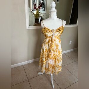 Mikael Aghal 100% Silk Yellow/White Beaded Floral Mini Dress Size 8
